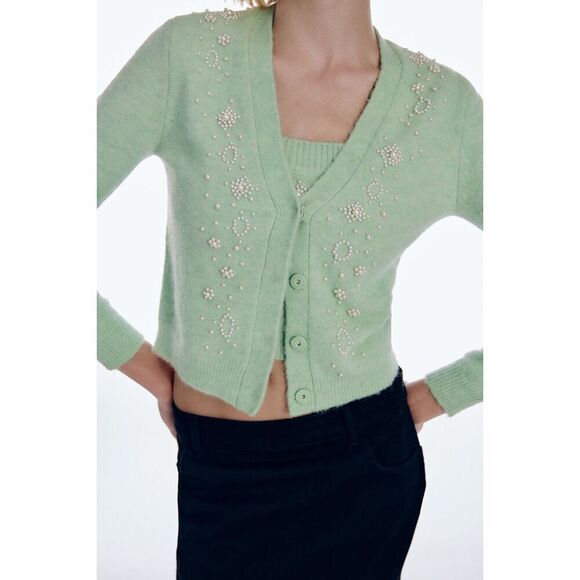 Green Zara Pearl Embellished Button Front Long Sleeve Cardigan Sweater (NWT) - Picture 2 of 8
